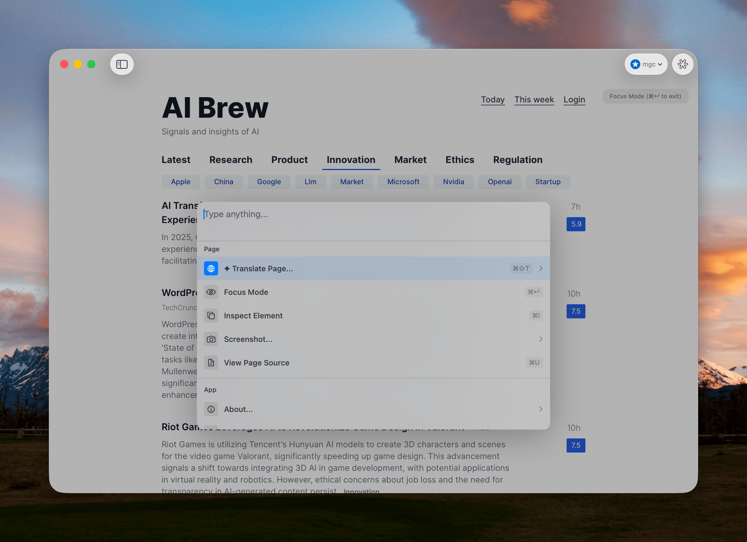 Flakes browser showing a webpage
